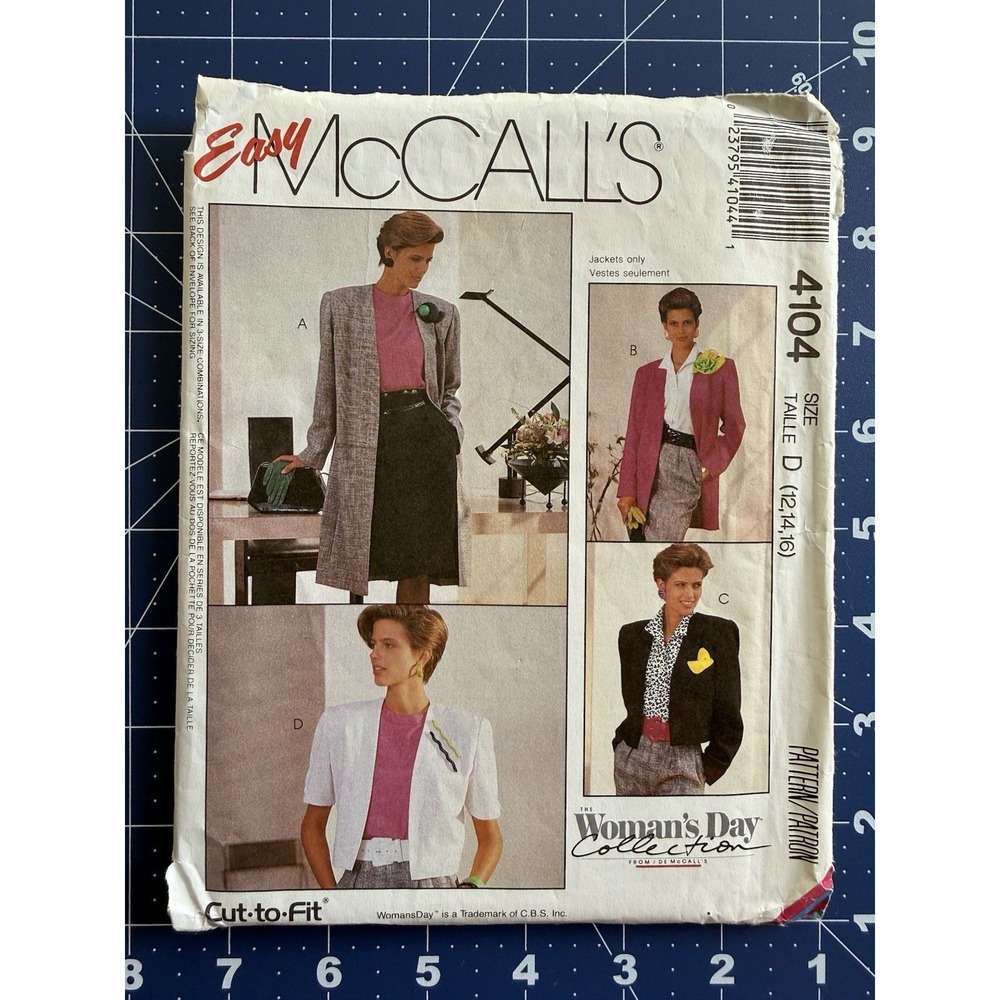 McCall's Woman's Day Collection Pattern 4104 Misses' Unlined Coat / Jacket 12-16